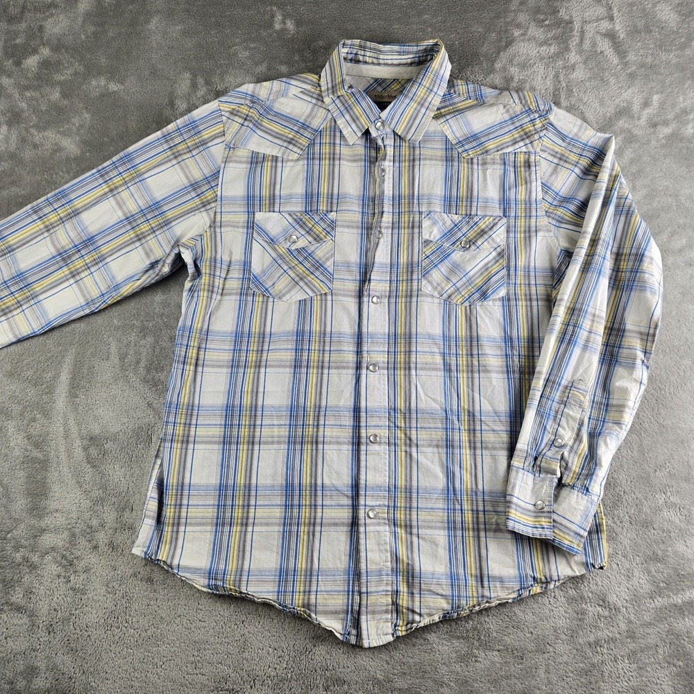 Anchor Blue Shirt Large White Blue‎ Yellow Plaid Pearl Snap Long Sleeve Western